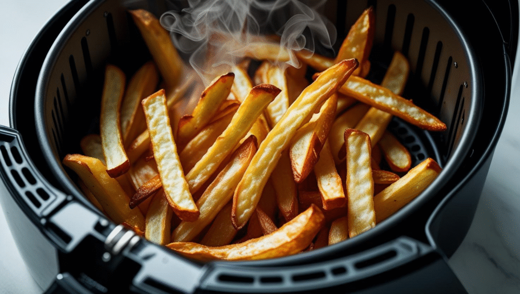 Batatas fritas douradas e crocantes feitas na air fryer sem óleo.