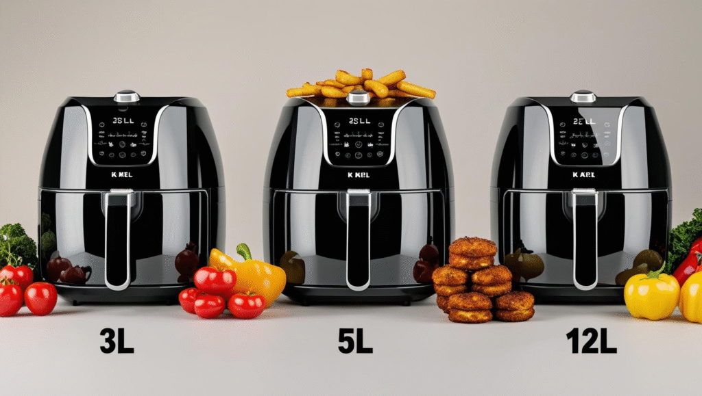 Três air fryers de diferentes tamanhos: compacta, média e grande.