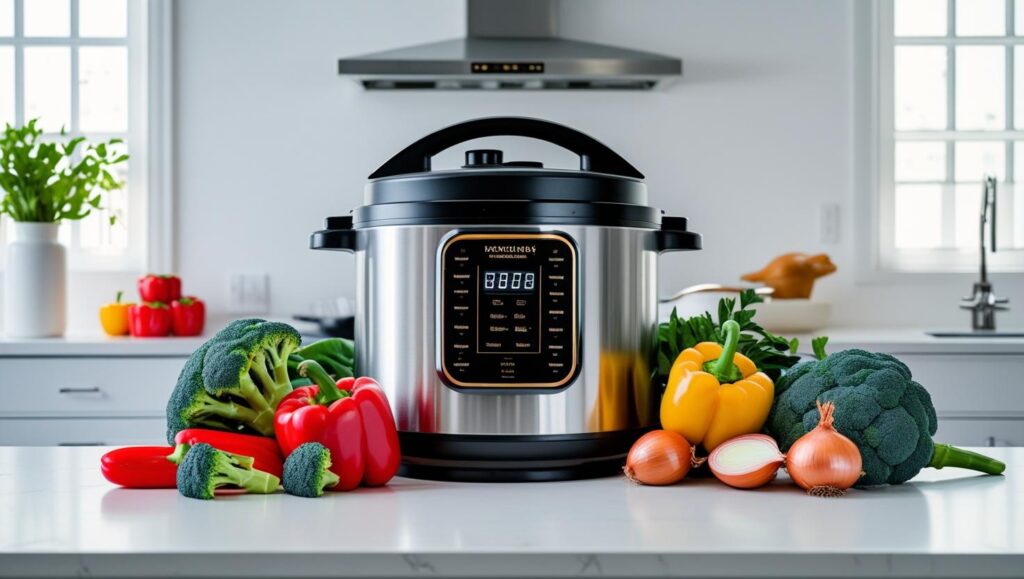 Panela de pressão elétrica moderna em cozinha organizada com vegetais frescos.