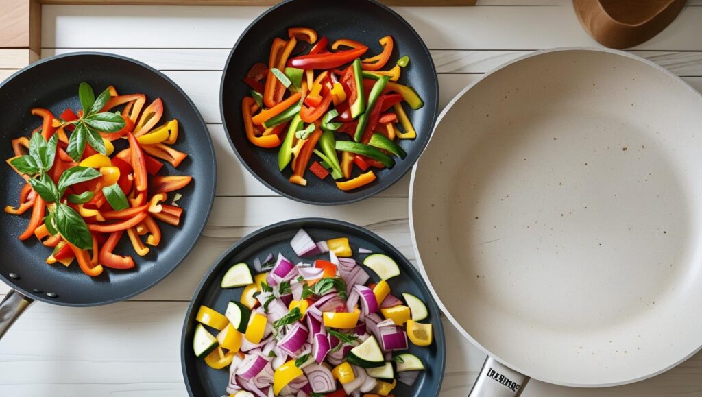 Três frigideiras lado a lado em uma bancada de cozinha: uma Tramontina Inox Fundo Triplo prateada, uma Tramontina Ventura Inox Antiaderente escura e uma de Cerâmica Polishop colorida, representando diversas opções para cozinhar.