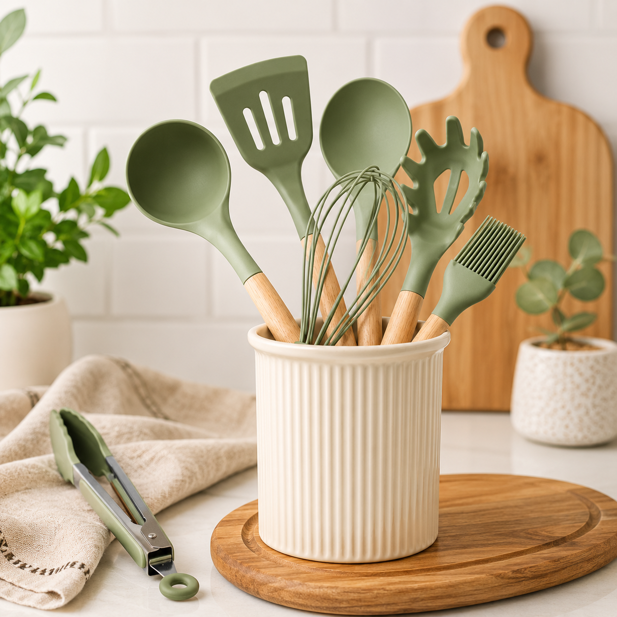 Conjunto de utensílios de silicone verde oliva com cabos amadeirados organizados em um porta-utensílios bege sobre bancada de cozinha clara, com iluminação natural suave e decoração minimalista.