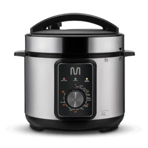 Panela de pressão elétrica Multi modelo GO082 na cor inox, com painel frontal contendo timer giratório, tampa com válvula de segurança e alças laterais robustas. Fundo branco.