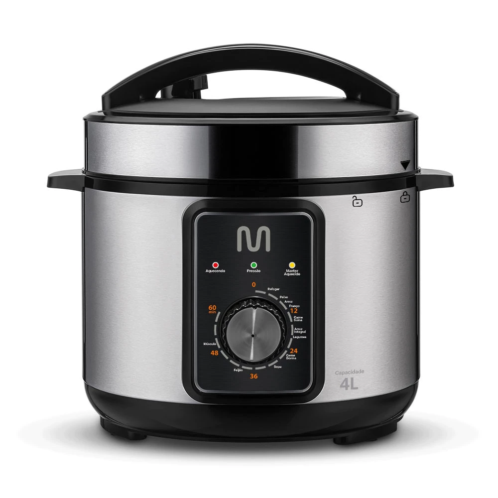Panela de pressão elétrica Multi modelo GO082 na cor inox, com painel frontal contendo timer giratório, tampa com válvula de segurança e alças laterais robustas. Fundo branco.