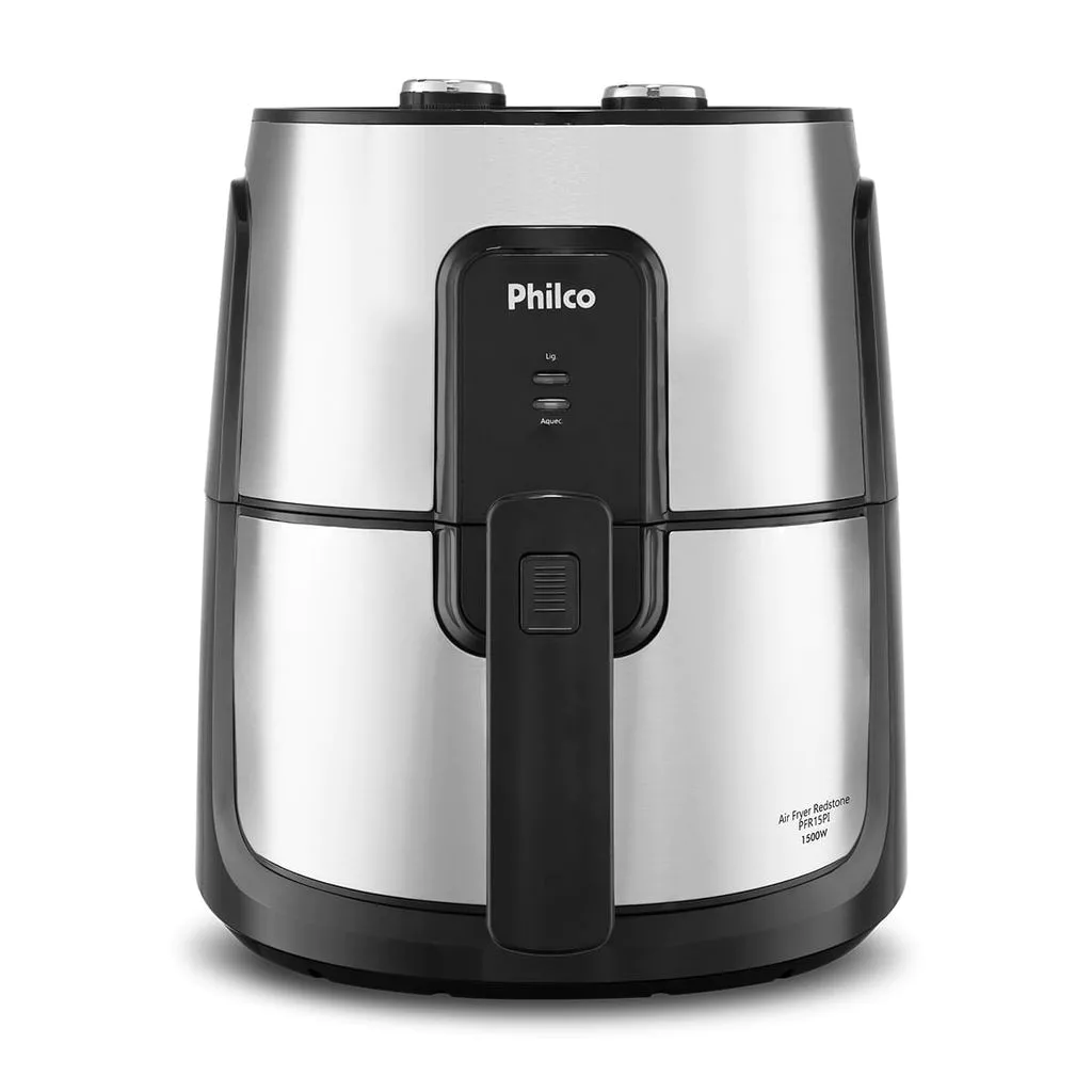 Vista frontal da Airfryer Philco Redstone na cor vermelha com cesto de revestimento cerâmico e painel de controle com dois seletores rotativos.