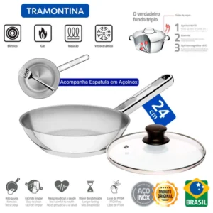 Infográfico da Frigideira Tramontina Allegra de 24cm em aço inox com tampa de vidro e espátula. A imagem destaca ícones de compatibilidade com fogões a gás, elétrico, indução e vitrocerâmico, além de explicar o funcionamento do fundo triplo e selos de produto original feito no Brasil.
