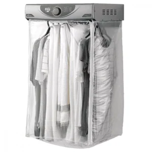 Fotografia de estúdio da Secadora de Parede Fischer Super Ciclo de 8kg na cor prata (silver). O produto está fixado na parede com o saco de secagem de PVC estendido, mostrando os botões de controle do timer na parte superior e a marca Fischer em destaque. Fundo branco.