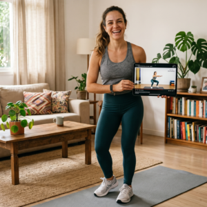 Mulher treinando em casa com tablet usando o app Queima Diária.