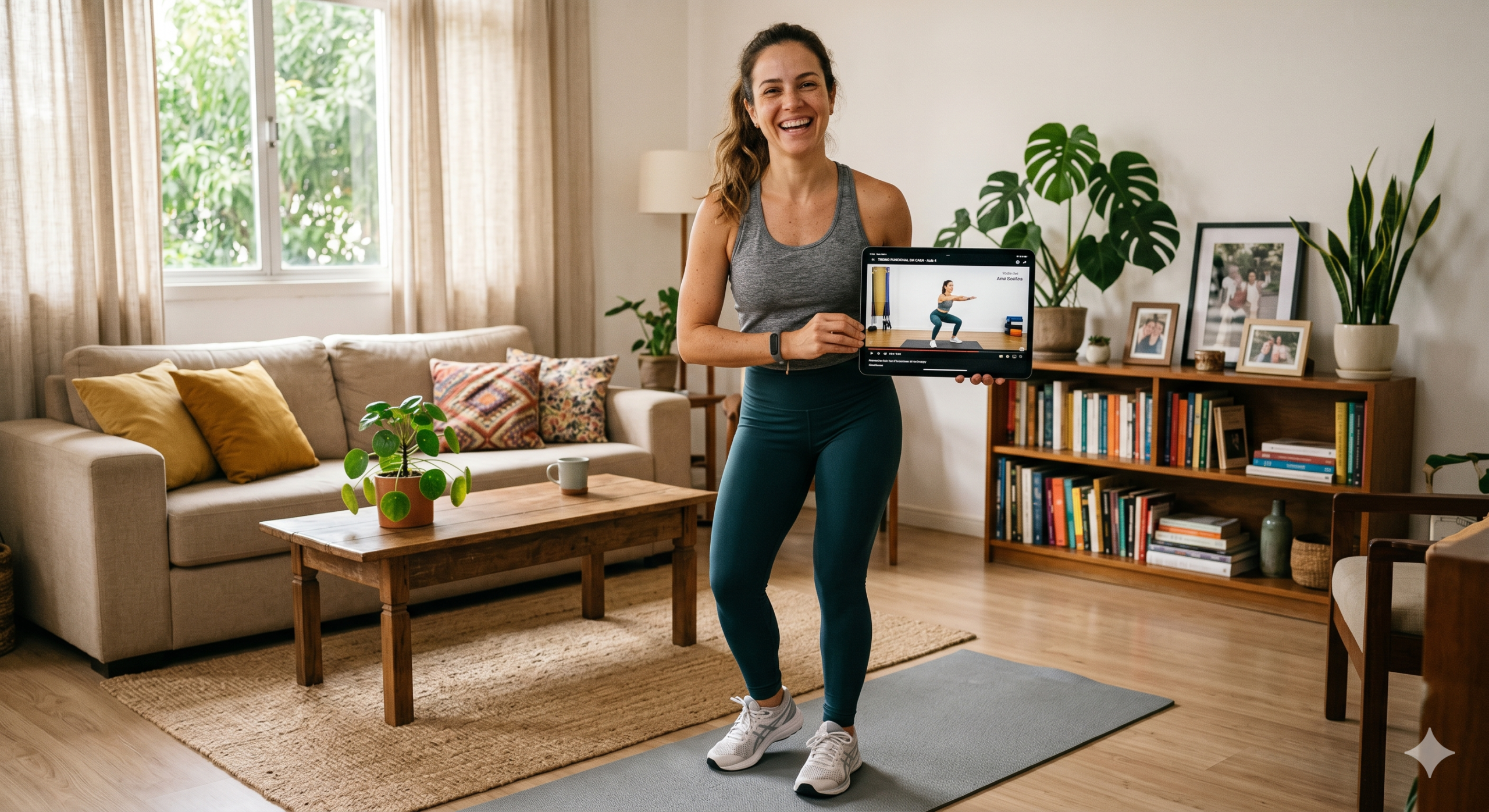 Mulher treinando em casa com tablet usando o app Queima Diária.