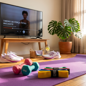 apete de yoga azul estendido em um piso de madeira clara. Sobre ele, estão um halter vermelho e um azul de 5kg, além de um kit de cinco faixas elásticas coloridas. Ao lado do tapete, há um par de tênis esportivos brancos. Ao fundo, uma TV de tela plana exibe um vídeo de treino pausado de uma mulher fazendo agachamento. O ambiente é uma sala de estar bem iluminada pela luz do sol que entra pela janela.