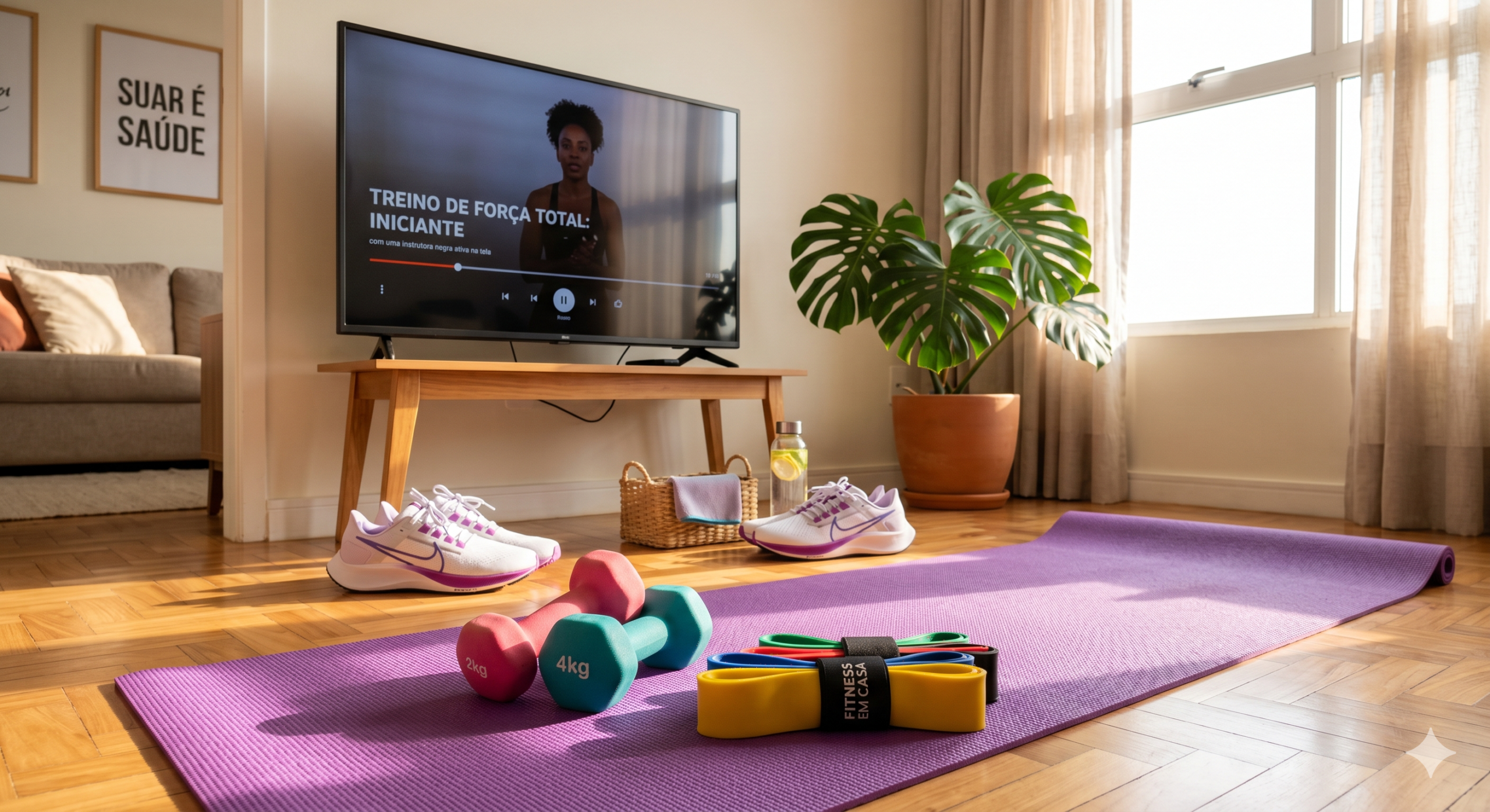 apete de yoga azul estendido em um piso de madeira clara. Sobre ele, estão um halter vermelho e um azul de 5kg, além de um kit de cinco faixas elásticas coloridas. Ao lado do tapete, há um par de tênis esportivos brancos. Ao fundo, uma TV de tela plana exibe um vídeo de treino pausado de uma mulher fazendo agachamento. O ambiente é uma sala de estar bem iluminada pela luz do sol que entra pela janela.