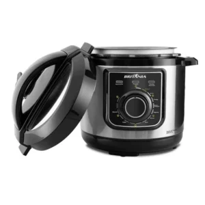 Panela de pressão elétrica Britânia BPP01PI 3 litros de aço inox sobre bancada de cozinha.