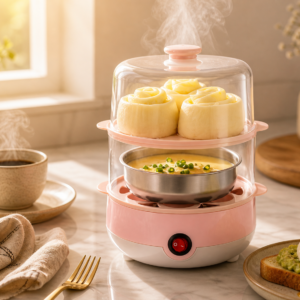 Cozedor de ovos elétrico rosa pastel com tampa transparente liberando vapor, contendo ovos cozidos e preparo simultâneo de alimentos, sobre bancada de mármore iluminada pela luz da manhã.