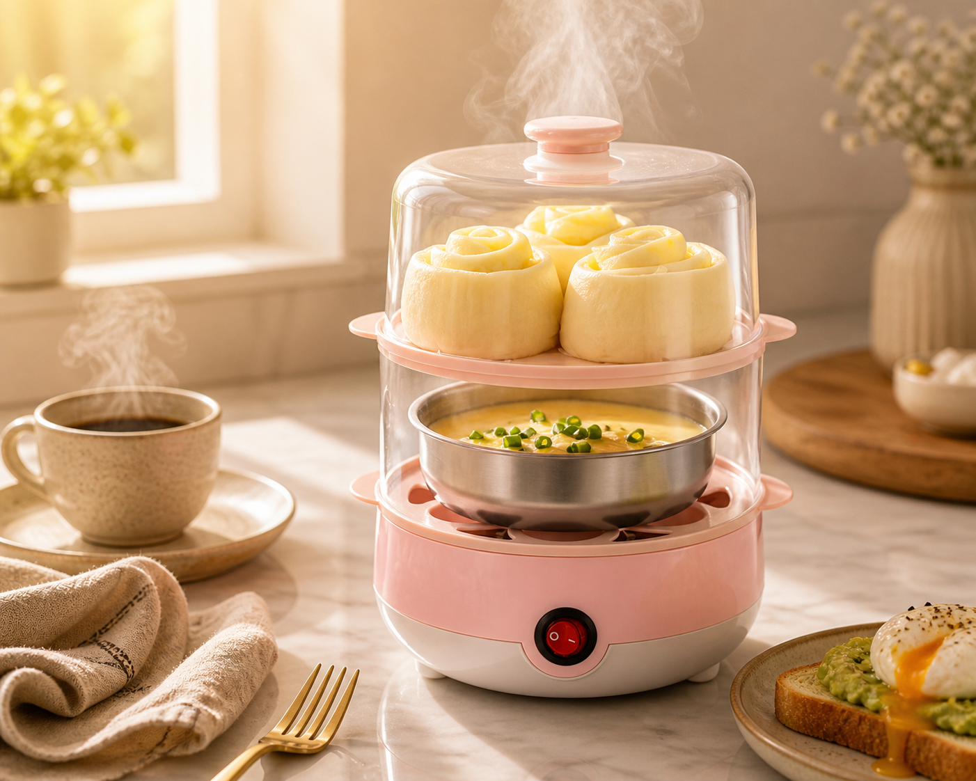Cozedor de ovos elétrico rosa pastel com tampa transparente liberando vapor, contendo ovos cozidos e preparo simultâneo de alimentos, sobre bancada de mármore iluminada pela luz da manhã.