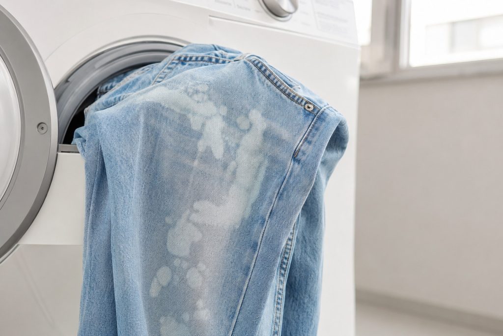Manchas brancas de descoloração em uma calça jeans clara, causadas pela reação do percarbonato de sódio em água quente.