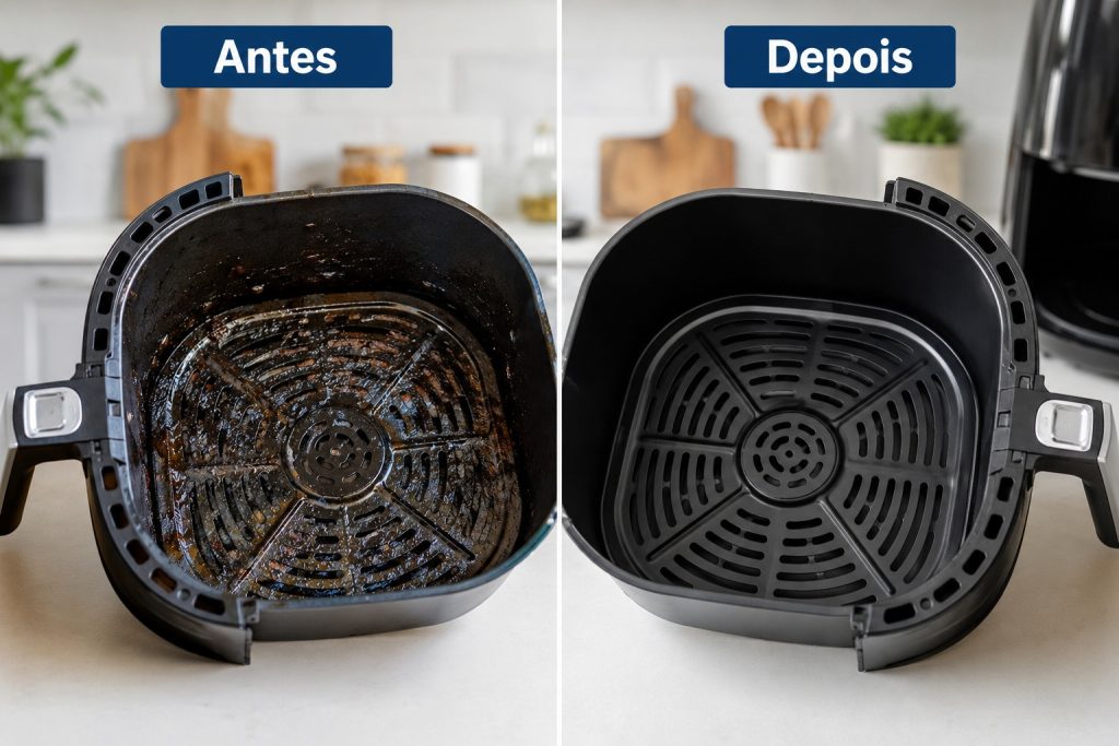 Comparativo antes e depois do cesto da fritadeira elétrica airfryer suja de gordura queimada e depois brilhando de limpa após uso de percarbonato.