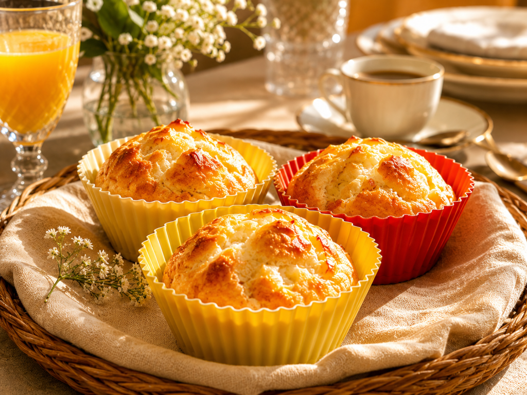 Pães de queijo redondos recém-assados na Airfryer servidos na mesa.