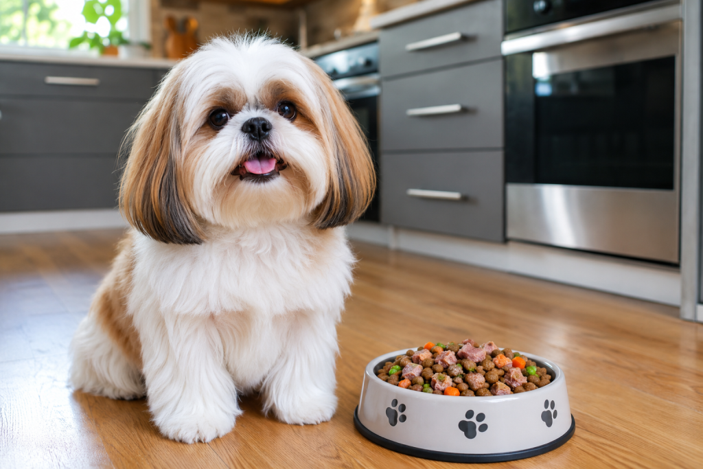 Cachorro Shih Tzu com pelo muito brilhante e bonito sentado ao lado de um pote de ração super premium.