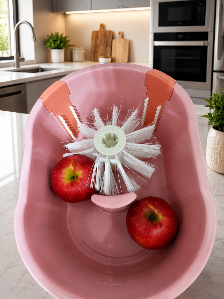 Frutas e verduras frescas dispostas em uma bancada de cozinha ao lado de uma tigela com água e bucha vegetal para higienização.