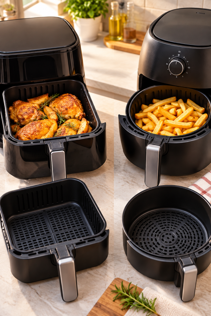Air Fryer com cesto quadrado e Air Fryer com cesto redondo lado a lado sobre bancada de cozinha, mostrando a diferença de formato e espaço interno para preparo de alimentos.