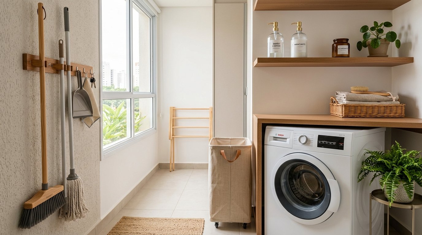 Lavanderia pequena moderna e organizada com prateleiras de madeira sobre a mÃ¡quina de lavar dispensers de vidro e cesto slim com rodÃ­zios