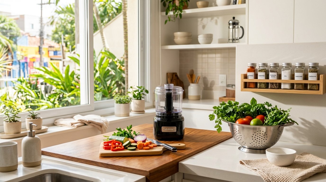 Bancada de cozinha moderna organizada com mini processador elÃ©trico, legumes frescos, escorredor de inox e porta-temperos de parede