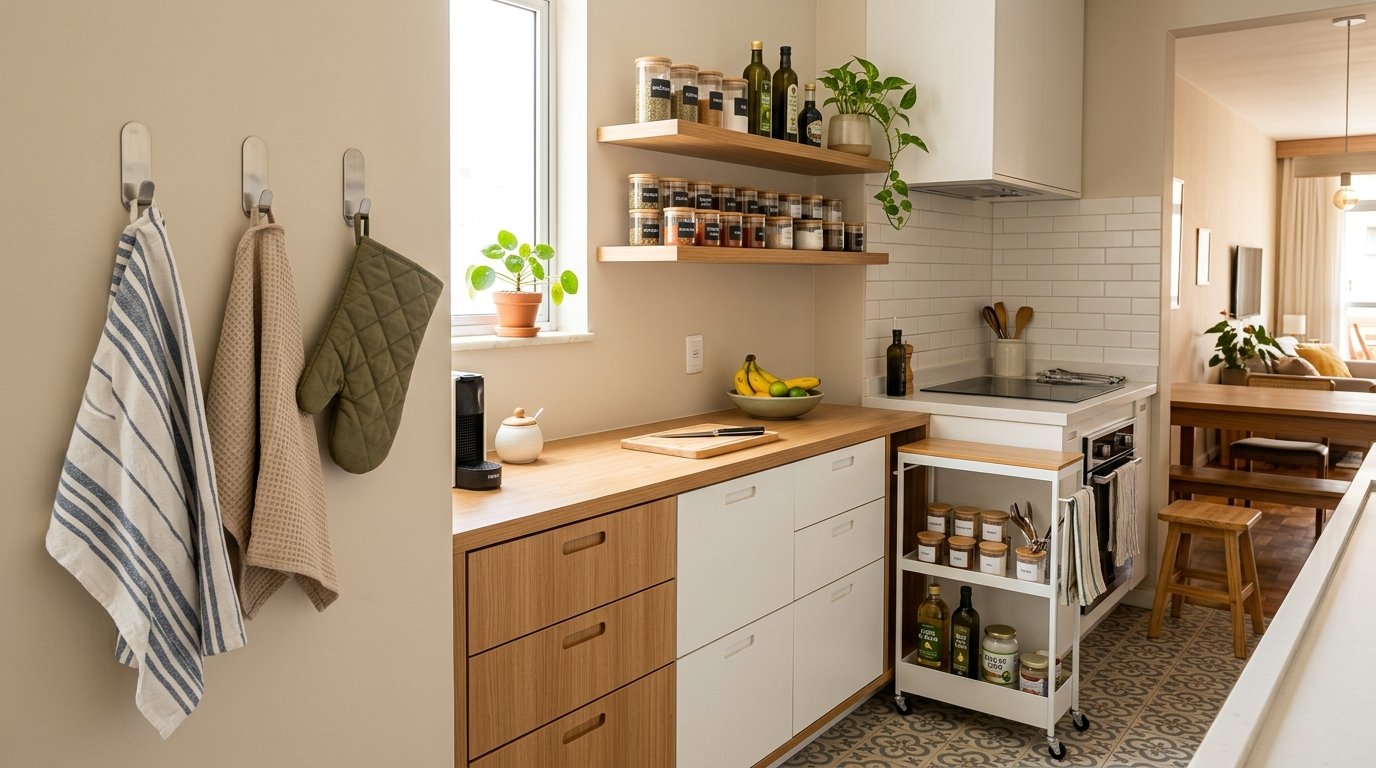 Cozinha pequena moderna e organizada com ganchos adesivos na parede, prateleiras flutuantes com temperos e carrinho organizador com rodÃ­zios
