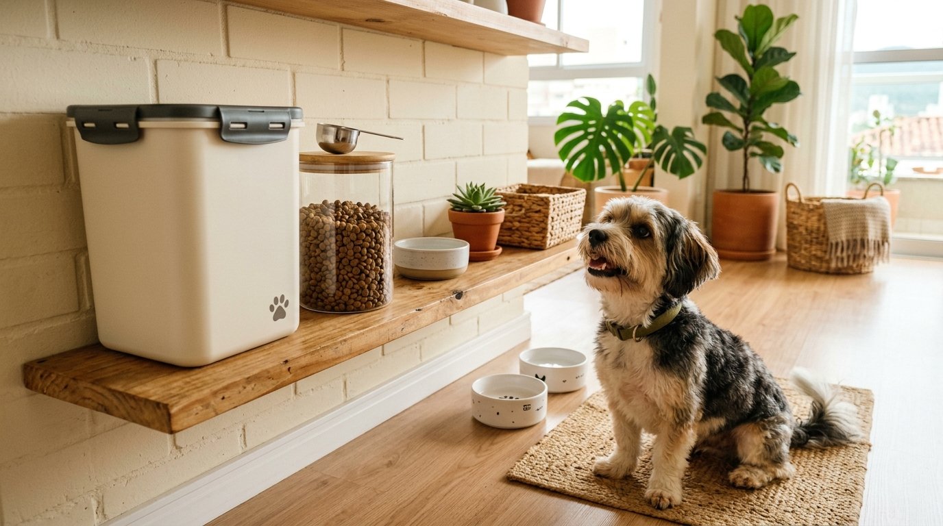 Cantinho de alimentaÃ§Ã£o pet organizado com bombona hermÃ©tica, pote dosador transparente e cÃ£o pequeno em apartamento aconchegante