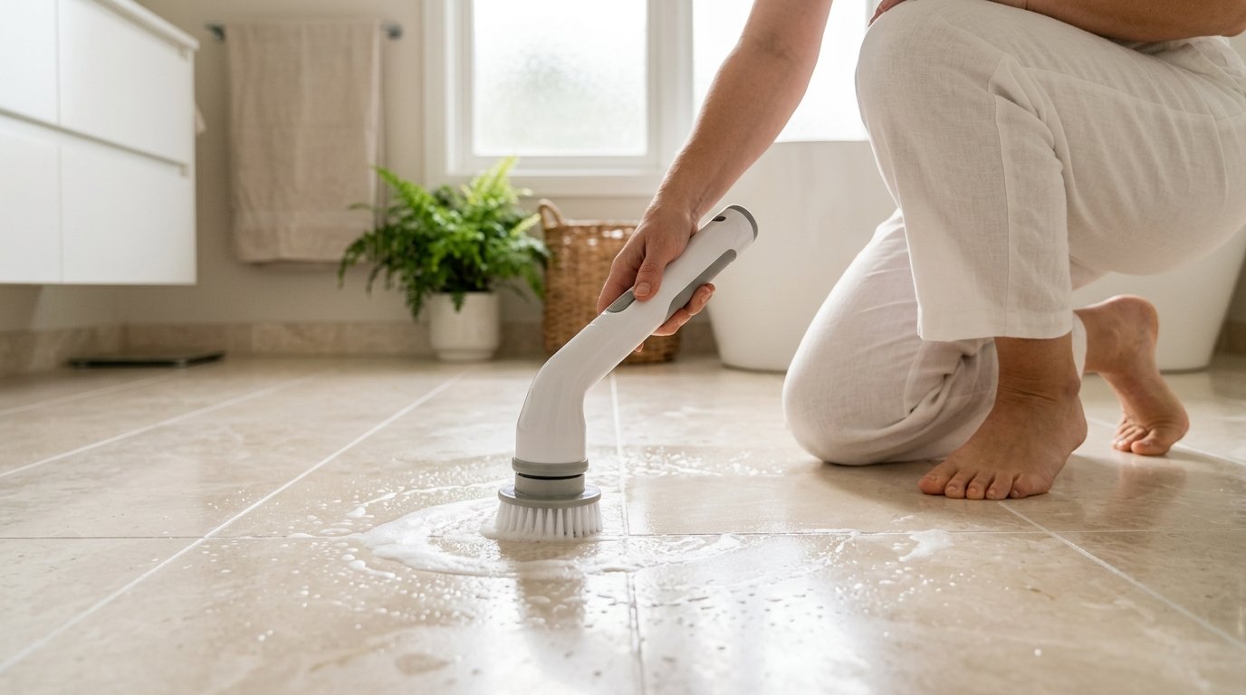 Pessoa utilizando escova elÃ©trica de limpeza com espuma em piso de banheiro moderno deixando rejunte limpo