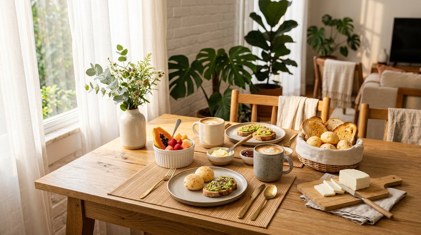 Mesa posta de café da manhã simples e funcional com jogo americano de bambu, ramequins com frutas, canecas de cerâmica e cesto de pães